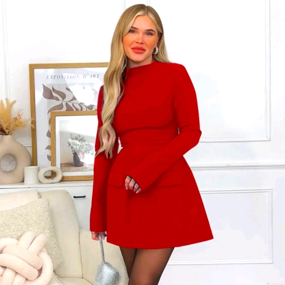 Womens red flounce sleeve mini dress holiday party